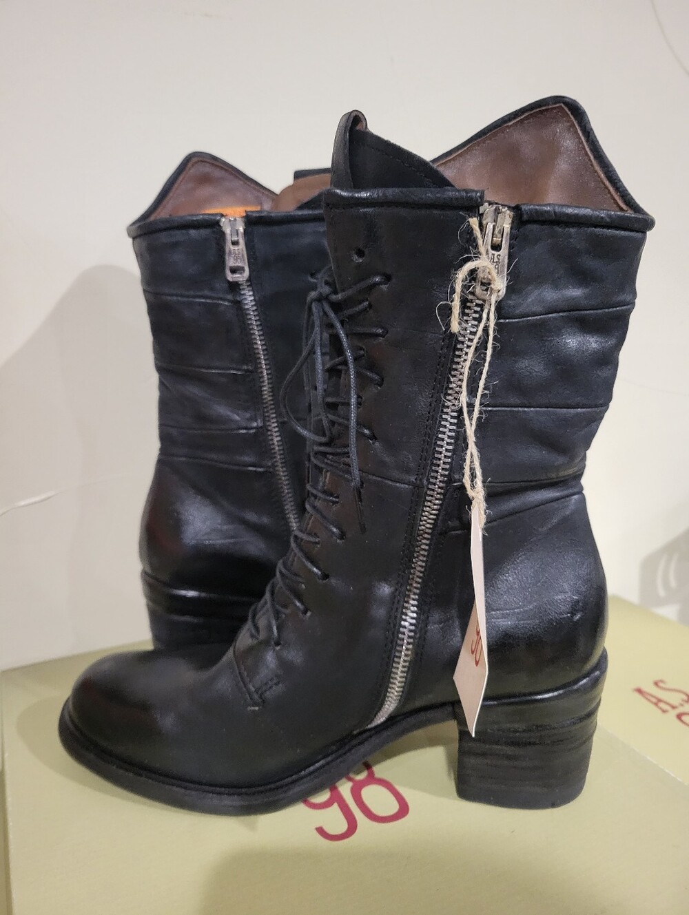 NIB A.S.98 JASPER Black Lace-Up Mid-Calf Heeled Boots - Women 40 - Picture 5 of 6